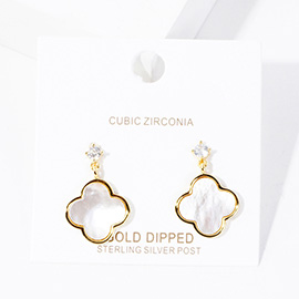 Gold Dipped CZ Mother of Pearl Quatrefoil Link Dangle Earrings