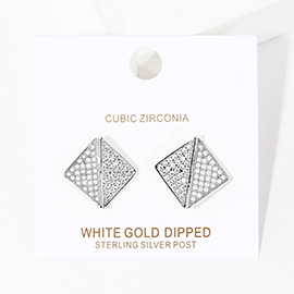 White Gold Dipped CZ Pearl Embellished Geometric Stud Earrings