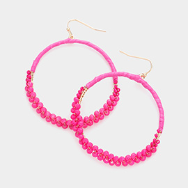 Raffia Faceted Bead Wrapped Open Metal Circle Dangle Earrings