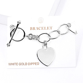White Gold Dipped Metal Heart Lock Charm Toggle Bracelet
