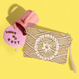 Puka Shell Embellished Straw Wristlet Clutch / Crossbody Bag