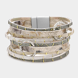 Rhinestone Open Circle Accented Faux Leather Magnetic Bracelet