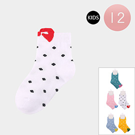 12Pairs - Bow Pointed Polka Dot Patterned Kids Socks
