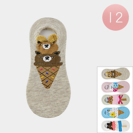 12Pairs - Bear Bunny Chick Animal Ice Cream Popsicle Printed Socks