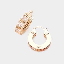 Square Stone Embellished Brass Metal Hoop Pin Catch Earrings