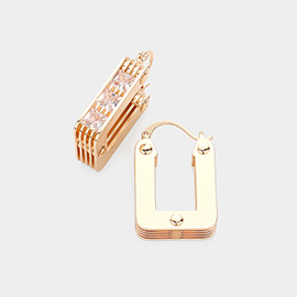 Square Stone Embellished Brass Metal Rectangle Hoop Pin Catch Earrings