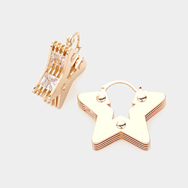 Square Stone Embellished Brass Metal Star Hoop Pin Catch Earrings