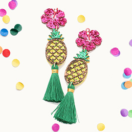 Glittered Flower Pineapple Tassel Link Dangle Earrings