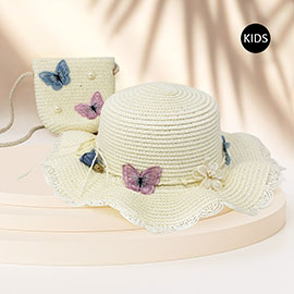 2PCS - Butterfly Pearl Accented Straw Kids Sun Hat Crossbody Bag Set