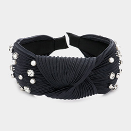 Pearl Metal Ball Round Stone Embellished Knot Burnout Pleated Headband