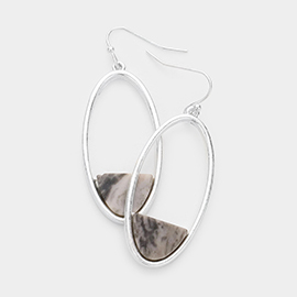 Semi Precious Accented Open Metal Oval Dangle Earrings