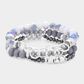 3PCS - Open Circle Link Metal Cube Faceted Beaded Stretch Bracelets