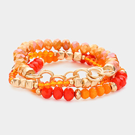 3PCS - Open Circle Link Metal Cube Faceted Beaded Stretch Bracelets