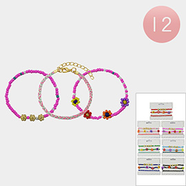 12 Set of 3 - Flower Accented Beaded Stretch Bracelets