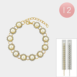 12PCS - Floral Pearl Accented Link Bracelets