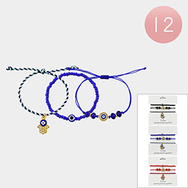 12 Set of 3 - Evil Eye Hamsa Hand Charm Bracelets