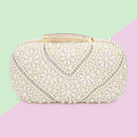 Floral Pearl Stone Embellished Evening Clutch / Crossbody Bag