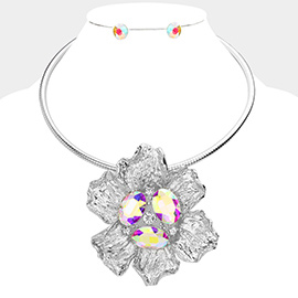 Oval Stone Accented Flower Evening Choker Necklace