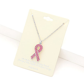 Rhinestone Embellished Pink Ribbon Pendant Necklace