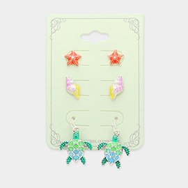 3Pairs - Starfish Conch Shell Turtle Earrings