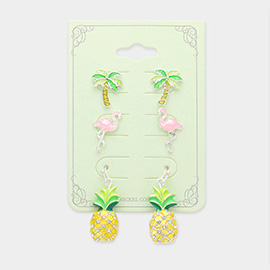 3Pairs - Palm Tree Flamingo Pineapple Earrings
