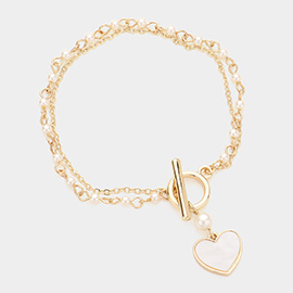 Mother of Pearl Heart Charm Pearl Link Toggle Bracelet
