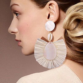 Puka Shell Mother of Pearl Teardrop Raffia Trimmed Dangle Earrings