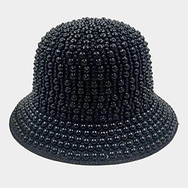Pearl Rhinestone Embellished Straw Bucket Hat