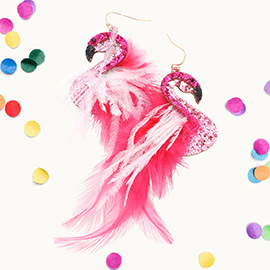 Glittered Flamingo Feather Dangle Earrings