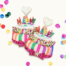 Happy Birthday Message Glittered Heart Cake Link Dangle Earrings