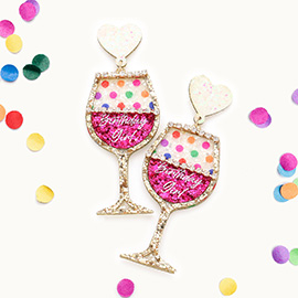 Birthday Girl Glittered Heart Wine Link Dangle Earrings