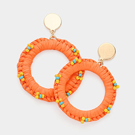 Seed Bead Embellished Raffia Open Circle Dangle Earrings