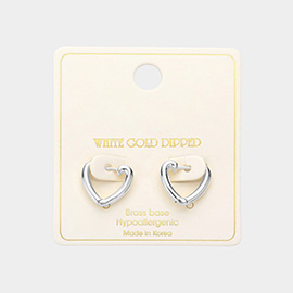 White Gold Dipped Brass Metal Heart Huggie Hoop Earrings