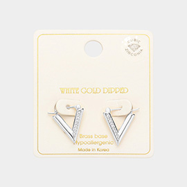 White Gold Dipped Brass Metal CZ Triangle Hoop Pin Catch Earrings