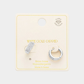 White Gold Dipped Brass Metal CZ Pattern Detailed Huggie Hoop Earrings