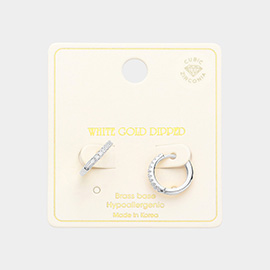 White Gold Dipped Brass Metal CZ Huggie Hoop Earrings