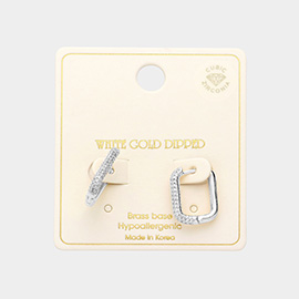 White Gold Dipped CZ Brass Metal Rectangle Huggie Hoop Earrings