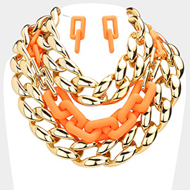 Chain Colored Open Rectangle Link Triple Layered Necklace