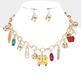 Pencil Note Book Paper Clip School Bus Ruler Apple Pendant Necklace