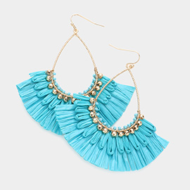 Open Teardrop Raffia Fan Tassel Dangle Earrings