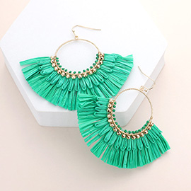 Open Metal Circle Raffia Fan Tassel Dangle Earrings