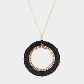 Raffia Trimmed Open Circle Pendant Long Necklace