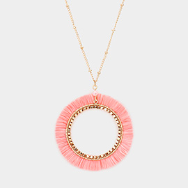 Raffia Trimmed Open Circle Pendant Long Necklace