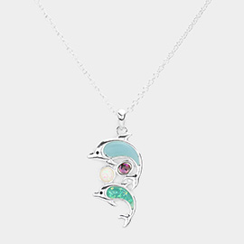 Abalone Glittered Dolphin Pendant Necklace