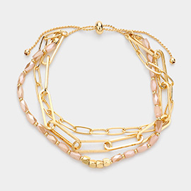 Open Metal Oval Link Faceted Rectangle Beaded Triple Layered Pull Tie Cinch Bracelet