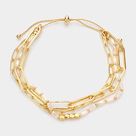 Open Metal Oval Link Faceted Rectangle Beaded Triple Layered Pull Tie Cinch Bracelet