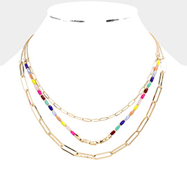 Open Metal Oval Link Faceted Rectangle Beaded Triple Layered Necklace