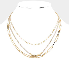 Open Metal Oval Link Faceted Rectangle Beaded Triple Layered Necklace