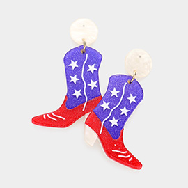 American USA Flag Glittered Western Boots Dangle Earrings