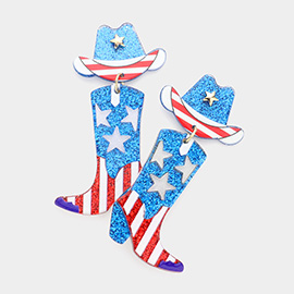 American USA Flag Glittered Hat Western Boots Dangle Earrings